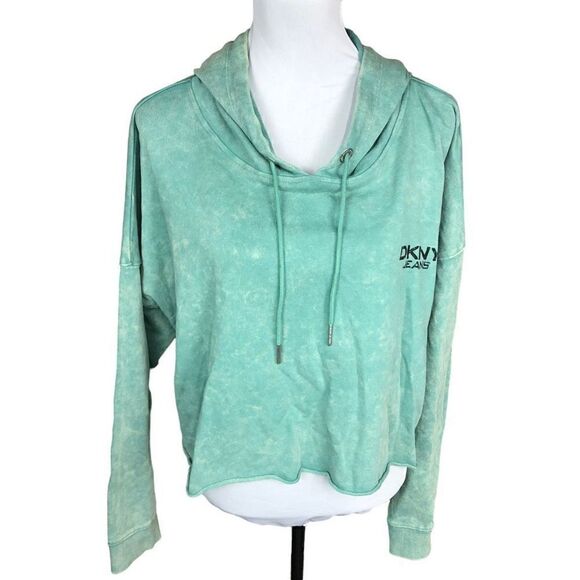 DKNY Hoodie Cropped Green Yellow Tie Dye Left Chest Logo Pullover Drawstring XL - Picture 1 of 16